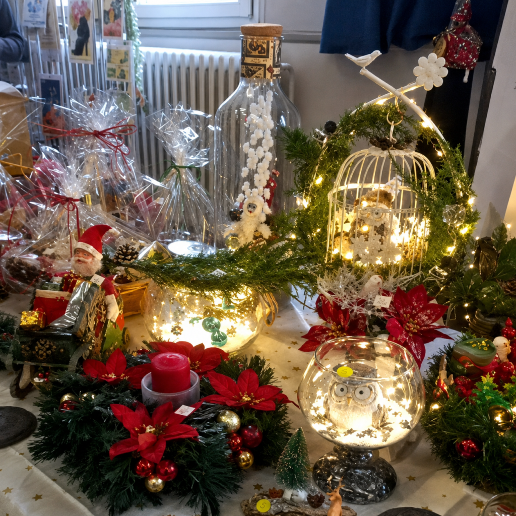 Décorations et lots présentés lors d’un événement solidaire