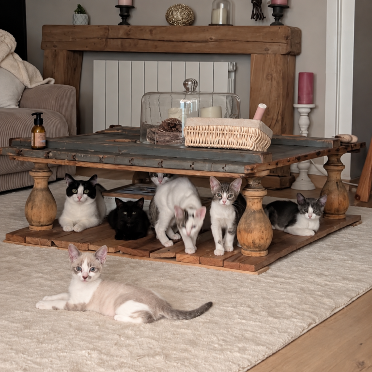Plusieurs chats rassemblés sous et devant une table basse en bois dans un salon.