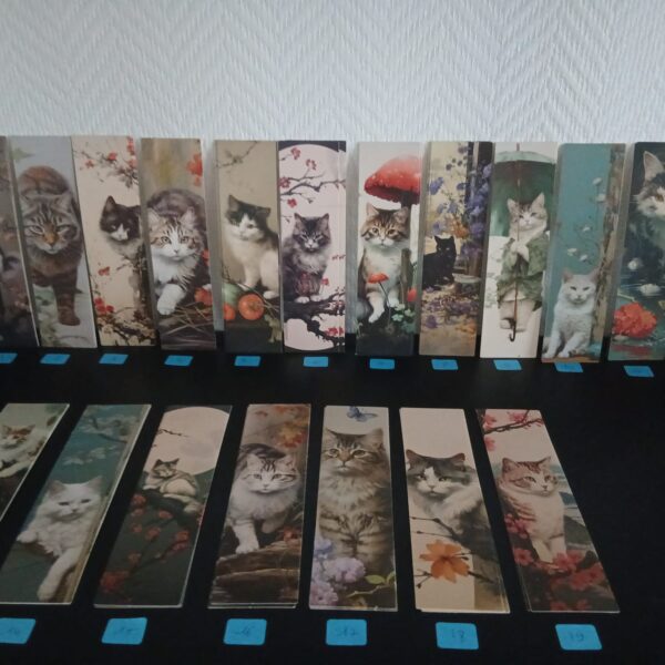 Ensemble de 19 marque-pages cartonnés illustrés de chats dans des décors fleuris, numérotés de 1 à 19.