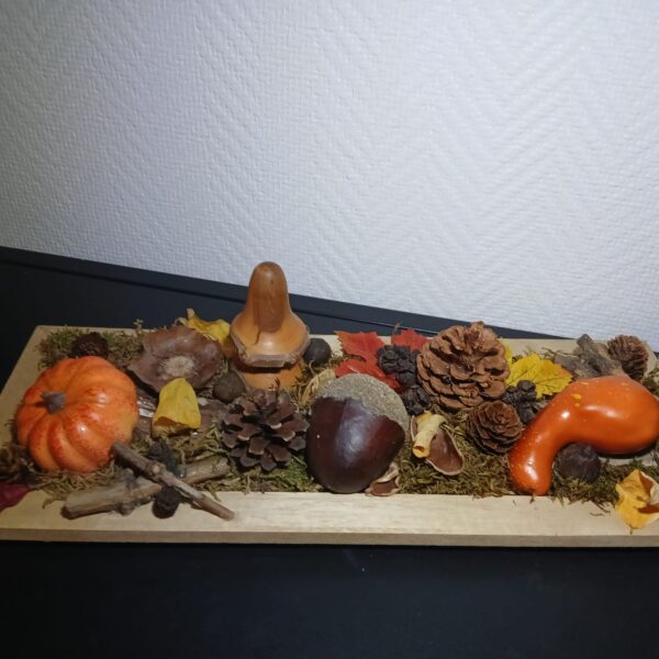 Composition sur un support rectangulaire en bois avec courges décoratives, pommes de pin, mousse et feuilles d’automne.