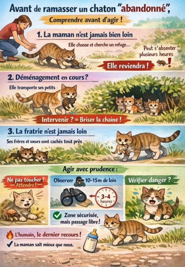 Infographie illustrée conseillant d’observer à distance un chaton trouvé avant d’intervenir, afin de vérifier si sa mère et le reste de la portée sont à proximité.